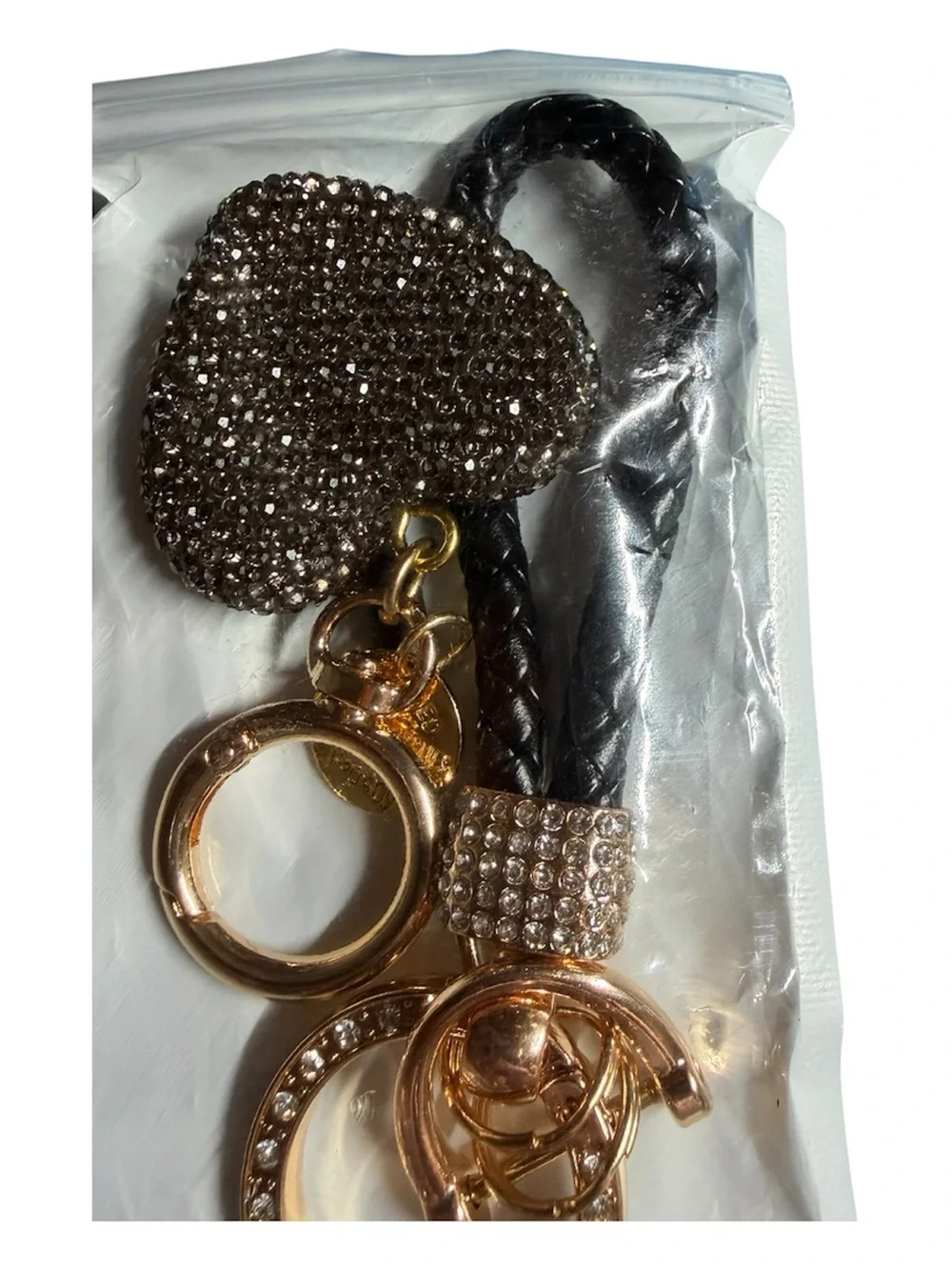 Black Braided Leatherette Keychain with Rose Gold Crystal Charms